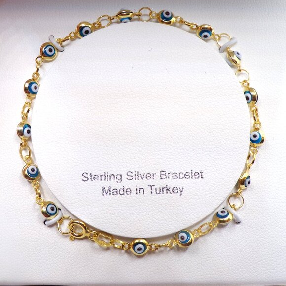 Sterling Silver Turkish Evil Eye Bracelet, Gold Finish, Protection Jewelry - Picture 1 of 6